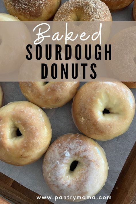 Baked sourdough donuts drizzled in glaze or cinnamon sugar. Use your sourdough starter to create these delicious baked sourdough treats! Sourdough Doughnut Recipe Baked, Sourdough Doughnuts Baked, Baked Sourdough Doughnut Recipe, Air Fryer Sourdough Donut Recipes, Sourdough Donuts Air Fryer, Sourdough Baked Donut Recipe, Sourdough Donuts Baked, Donut Recipes Baked, Sourdough Cakes