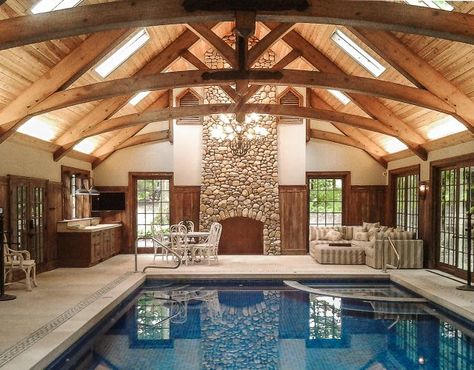 Timber Frame Arched Trusses Indoor Pool House in OH. Reed Pool House. Barn Pool House, Indoor Pool Ideas, Roof Accents, Small Indoor Pool, Barn Pool, Indoor Pool House, Indoor Swimming Pool Design, Pool Indoor, Indoor Pool Design