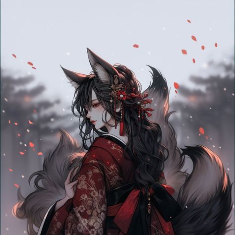 Kitsune 9 Tails, Black Kitsune Art, Anime Fox Woman, Kitsune Girl Art, Fox Girl Art, Kitsune Character Design, Kitsune Woman, Dark Kitsune, Kitsune Character