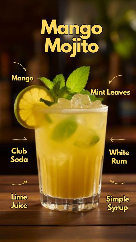 Savor the tropical twist of a Mango Mojito, blending sweet mango, fresh mint, and rum for a refreshing, vibrant cocktail that delights with every sip. #MangoMojito Mango Mojito Recipe, Mojito Drinks, Tropical Cocktail Recipes, Kachori Recipe, Mango Drink, Fruity Alcohol Drinks, Mango Cocktail, Mojito Drink, Mango Rum