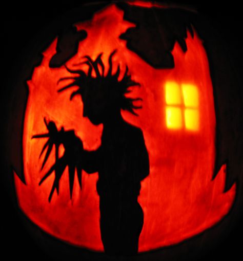 Edward Scissorhands Jack O'Lantern.  pumpkin carving. Carved pumpkin. Tim Burton Halloween Pumpkin Carving Edward Scissorhands, Nbc Pumpkin Carving, Pop Culture Pumpkin Carving Ideas, Pumpkin Carving Tim Burton, Edward Scissorhands Pumpkin Carving, Pumpkin Carving Ideas Tim Burton, The Shining Pumpkin Carving, Edward Scissorhands Pumpkin, Tim Burton Pumpkin Carving