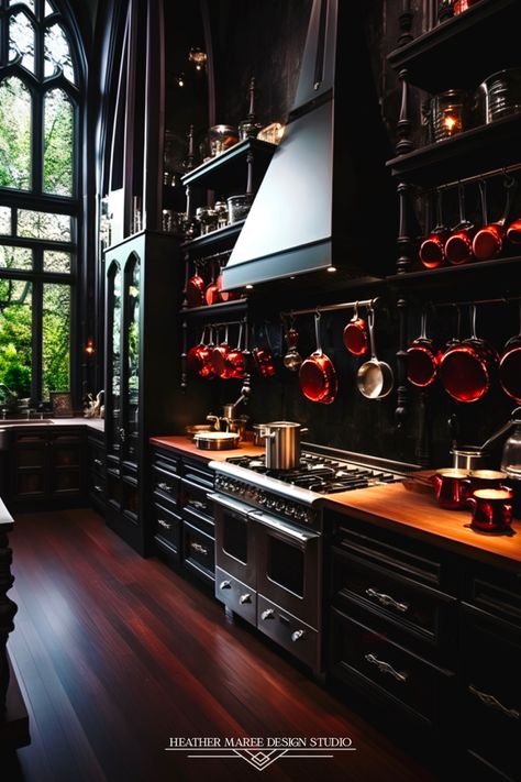 Modern Spooky House, Goth Interior Design Kitchen, Gothic Modern Kitchen, Dark Gothic Kitchen, House Design Gothic, Black Gothic Kitchen, Gothic Farmhouse Decor Kitchen, Dramatic Kitchen Design, Black Victorian Kitchen