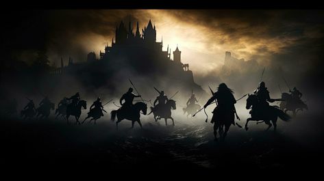 Warriors in medieval battle scene fighting in silhouette against a foggy background with castle Battle Ground Background, Foggy Background, Ground Background, Medieval Battle, Battle Scene, Battle Ground, The Warriors, Tree Saw, Cityscape Photos