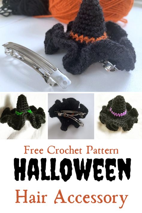 Free Halloween crochet pattern for a hair accessory fashion witches hat. Mini Witch Hat Crochet Pattern, Crochet Halloween Headband Pattern, Mini Crochet Witch Hat, Crochet Halloween Hair Accessories, Crochet Halloween Accessories, Crochet Hair Accessories Free Pattern, Witch Hat Crochet Pattern, Witch Hat Crochet, Crochet Halloween Hat