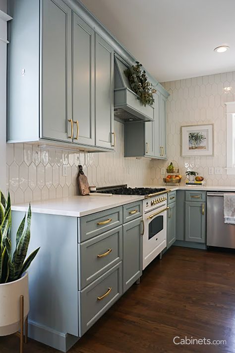 Kitchen Blue Green Cabinets, Statement Kitchen Cabinets, Green Teal Kitchen Cabinets, White Walls Colored Cabinets, White Kitchen With Colored Cabinets, Blue Kitchen With Cream Cabinets, Green Cabinets Blue Backsplash, Powder Blue Cabinets Kitchen, Light Blue Kitchens Cabinets