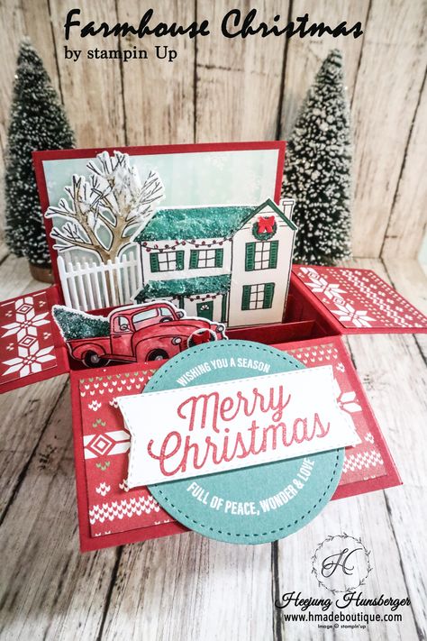 I always wanted to try to make a card in a box with Farmhouse Christmas stamp set. This card in a box is always good for display. People who recived… Farmhouse Christmas Cards, Christmas Cards Stampin Up, Christmas Cards 2018, Create Christmas Cards, Pop Up Box Cards, Holiday Box, Gift Card Boxes, Stampin Up Christmas Cards, Cadeau Diy