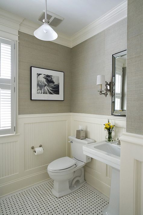 Chair Rail Molding Ideas for the Bathroom | RenoCompare Traditional Powder Room, Powder Room Design Ideas, Makeover Kamar Mandi, Powder Room Design, Bad Inspiration, Bathroom Redo, Bathroom Renos, Metroid, Bath Tub