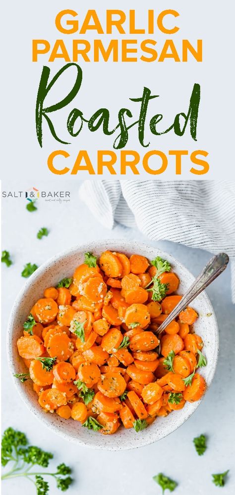 These Garlic Parmesan Roasted Carrots are the perfect side to any meal! The buttery, parmesan, and garlic flavor make these carrots melt in your mouth! It's an easy recipe that anyone can conquer. I'll walk you through how to roast carrots and make them flavorful. Get the full recipe on saltandbaker.com #saltandbaker #carrots #roastedveggies  #roastedvegetables #roastedcarrots #carrots #freshproduce #inseasonnow Carrots Thanksgiving, Parmesan Roasted Carrots, Butter Roasted Carrots, Carrot Recipes Side Dishes, Maple Roasted Carrots, Canned Carrots, Roasted Carrots Recipe, Healthy Vegetable Recipes, Vegetarian Side Dishes