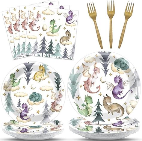 Amazon.com: 96 Pcs Watercolor Dragons Party Supplies Magical Dragon Theme Plates Napkins Tableware for Baby Shower Party Favors Fantasy Dragon Dinnerware for Boys Girls Birthday Party Decorations Serves 24 Guests : Home & Kitchen Dragon Birthday Theme, Dragon Themed Birthday Party, Dragon Baby Shower, Magical Dragon, Dragon Birthday Parties, Dragon Tea, Shower Party Favors, Girls Birthday Party Decorations, Baby Birthday Themes