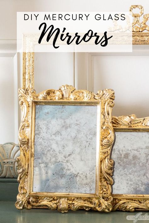 This stunning collection of antique gilded mirrors are actually DIYed using ornate thrift store frames. This tutorial shows you how to make DIY mercury glass using mercury glass spray paint and how to gild using gold leaf sheets. | Mercury Glass | Gilding |Thrift Store Crafts | #goldleaf #mercuryglass #antiquemirrors #thriftstorecrafts Mercury Glass Spray Paint, Mirror Spray Paint, Mercury Glass Mirror, Krylon Looking Glass, Looking Glass Spray Paint, Glass Spray Paint, Mercury Glass Diy, Gilded Mirror, Antiquing Glaze