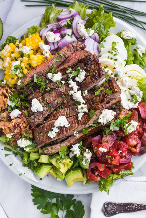 Steak Cobb Salad, Burrata Ravioli, Fresh Tomato Sauce Recipe, Flank Steak Salad, Handmade Ravioli, Mexican Steak, Classic Cobb Salad, Cherry Tomato Sauce, Classic Salad