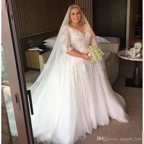 Discount Steven Khalil Arabic Plus Size Wedding Dresses Sheer Neck Half Long Sleeves Custom Made Bridal Gowns For Garden Country Wedding Cheap Bridal Collection Bridal Shower Dresses From Alegant_lady, $149.9| DHgate.Com Plus Wedding Dresses, Plus Size Brides, Plus Size Wedding Dresses, Haute Couture Gowns, Plus Size Wedding Gowns, Sheer Wedding Dress, White Wedding Dress, Bridal Shower Dress, Applique Wedding Dress