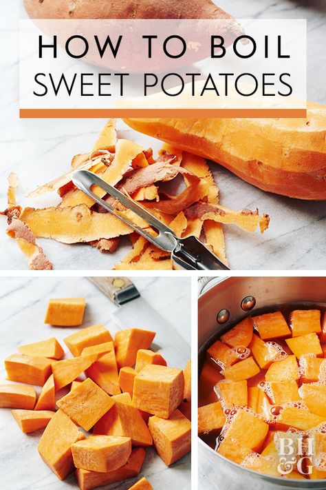 Learn how long to boil sweet potatoes, how to cook sweet potatoes, and share some of our favorite sweet potato recipes. #recipes #recipeideas #howtocook #howtocooksweetpotatoes #sweetpotatorecipe #bhg Sweet Potato Boiling Time, How Long To Boil Sweet Potatoes, How To Boil Sweet Potatoes, Boiled Sweet Potato Recipes, Boiled Sweet Potato, Orange Foods, Potatoes On The Stove, Raw Sweet Potato, Boiling Sweet Potatoes