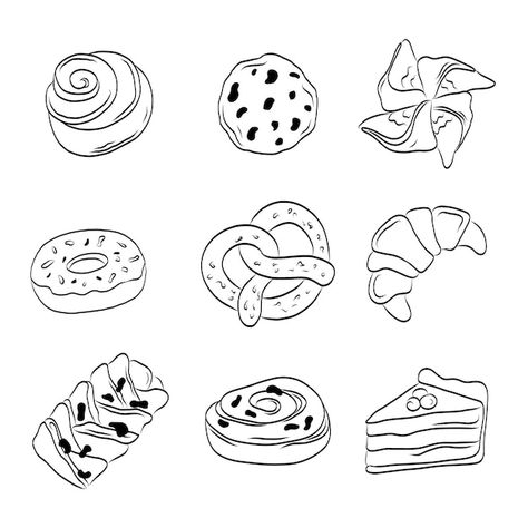 Vector hand drawn outline pastry bakery ... | Premium Vector #Freepik #vector #black #line #breakfast #food Bakery Vector Illustrations, Dessert Illustration Art, Pastries Illustration, Pastry Tattoo, Food Outline, Pastry Illustration, Practice Tattoos, Scroll Tattoos, Cookie Drawing