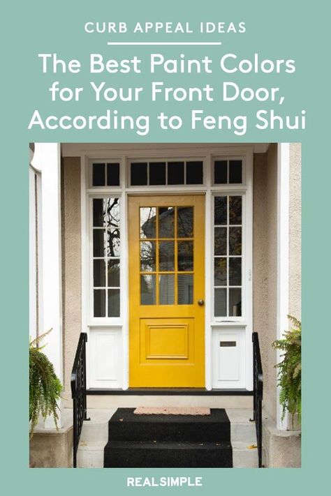 The Best Paint Colors for Your Front Door, According to Feng Shui | A fun and simple way to change your feng shui is to switch up the paint color of your front door to correspond to your intention. Here's our list of the best paint colors for your front door and will upgrade your curb appeal, according to feng shui. #paintcolors #realsimple #paintideas #paintcolorideas #bestpaintcolors #homeinspiration Front Door Colors For 2023, Feng Shui Door Colors Entrance, Fun Front Door Colors, Feng Shui Front Door Colors, Doors Colors, Front Door Color Ideas, House Doors Colors, Door Color Ideas, Feng Shui Front Door