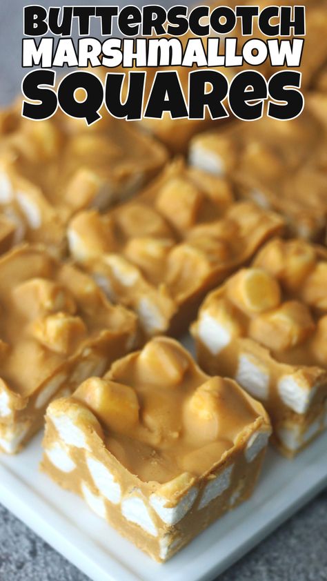 These retro Butterscotch Marshmallow Squares have a chewy, gooey texture that will remind you of your childhood. Featuring butterscotch and peanut butter flavours, mixed with fluffy marshmallows. These highly addictive 4 Ingredient squares are perfect for gift-giving, holiday parties, or anytime you want a super easy to make sweet treat. What To Make With Butterscotch Pudding, Butterscotch Dessert Dip, Treats Using Marshmallows, Recipe Using Butterscotch Chips, Butterscotch Marshmallow Squares, Peanut Butter Marshmallow Fudge, Butterscotch Marshmallow, Marshmallow Dessert Recipes, Marshmallow Treats Recipe