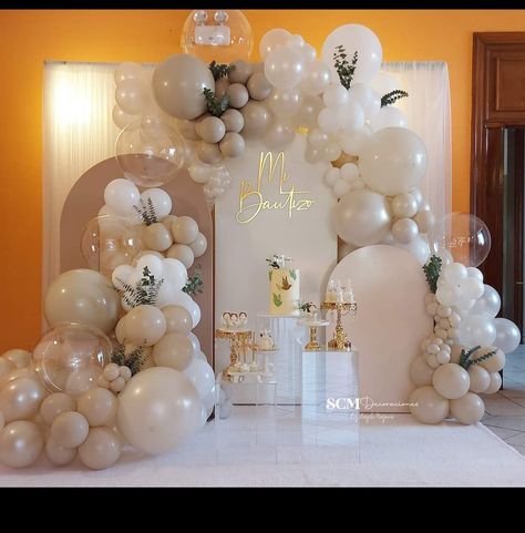 1st Communion Backdrop Ideas, Boho Bautizo Decor, Bautizo Balloon Garland, Boy And Girl Baptism Decorations, Bautizo Dessert Table, Baptismal Decorations Girl, Girl Bautizo Ideas Decoration, Baptism Backdrop Ideas, Bautismo Ideas Decoration