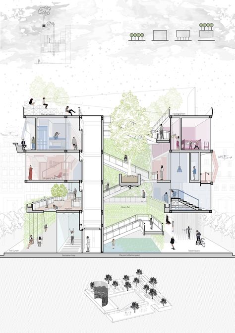 Section Drawing Architecture, Architecture Design Presentation, Co Housing, Conceptual Architecture, Instagram Drawing, Architecture Concept Diagram, Architecture Design Sketch, Architecture Collage, Architecture Graphics