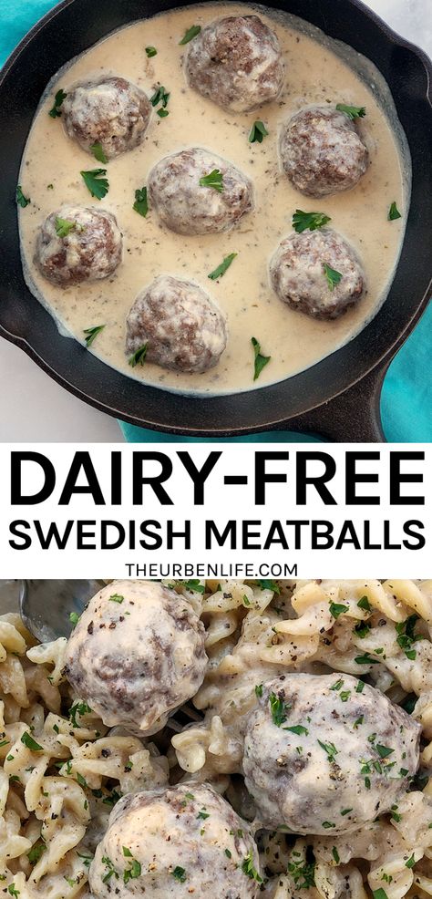 Dinner Recipes Lactose Free, Dairy Free Swedish Meatballs, Easy Dairy Free Dinner, Non Dairy Recipes, Eggless Meatballs, Dairy Free Meatballs, Chicken Paste, Egg Free Meatballs, Swedish Meatballs Recipe