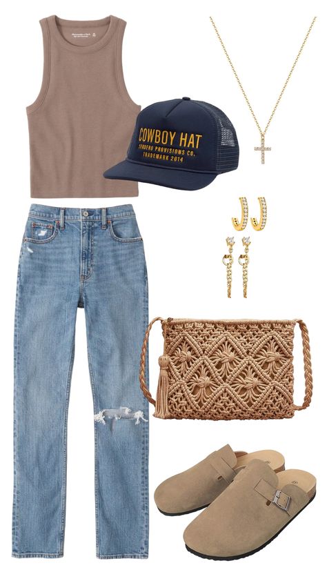 Boho Outfit Layout, Cowboy Hat Trucker Hat Outfit, Abercrombie Aesthetic Outfits, Trucker Hat Country Outfit, Cute Outfit With Hat, Potatoe Shoes Outfit, Trucker Hat Outfit Women Summer, Western Trucker Hat Outfit, Texas Summer Outfits Casual