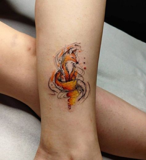 Fox Tattoo Design For Women, Fox Tattoo Ideas For Women, Fire Fox Tattoo, Minimal Fox Tattoo, Little Fox Tattoo, Fox Tattoos For Women, Watercolor Fox Tattoo, Cute Fox Tattoo, Magical Tattoo Ideas