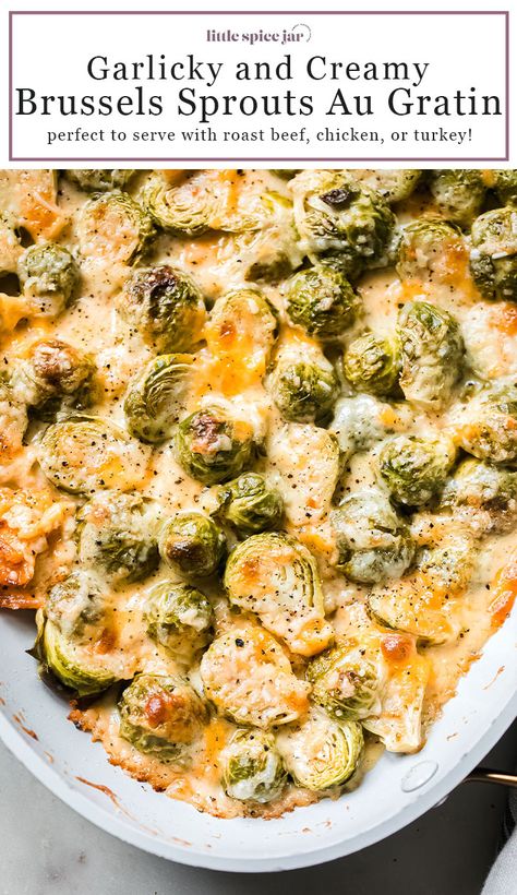 Bubbly and Cheesy Brussels Sprouts Au Gratin – A quick and delicious side dish to any protein! #thanksgiving #brusselssprouts #sidedish #cheesy #augratin | Littlespicejar.com Brussel Sprouts Thanksgiving Sides, Vegetable Dish Christmas, Cream Cheese Brussel Sprouts, Brussel Sprout Recipes Creamy, Brussel Sprouts Au Gratin Gruyere, Cheesy Brussel Sprout Casserole, Brussel Sprout Recipes Main Dish, Best Frozen Brussel Sprout Recipe, Brussel Sprout Recipes Crockpot