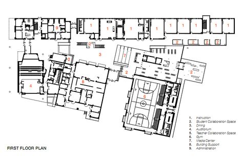 Kathlyn Joy Gilliam Collegiate Academy / SHW Group School Building Plans, Early College, High School Design, School Building Design, First Floor Plan, House Plans Mansion, School Campus, School Plan, Social Space