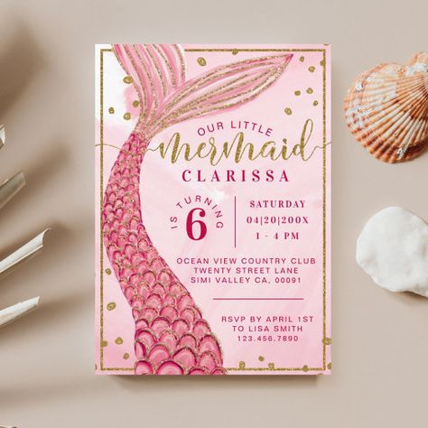 Pink Birthday Invitations, Birthday Invitations Pink, Pink Mermaid Tail, Water Mermaid, Girl Birthday Invitations, Mermaid Birthday Party Invitations, Mermaid Watercolor, Mermaid Invitation, Mermaid Fin