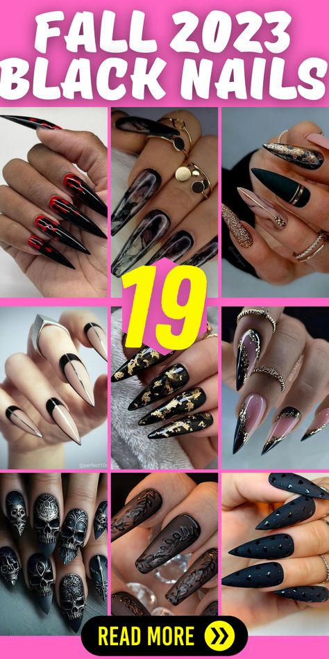 19 Chic Fall Black Nail Ideas: Embrace the Dark and Sophisticated Vibes of 2023! 2023 Black Nail Trends, Fail Nails 2023, Black Nails 2023 Trends, Black Nail Gel Designs, Black Fall Nails 2023, Edgy Fall Nails Acrylic, Nails 2023 Fall Trends, Dark Acrylic Nails Ideas, Gel Nails Fall 2023