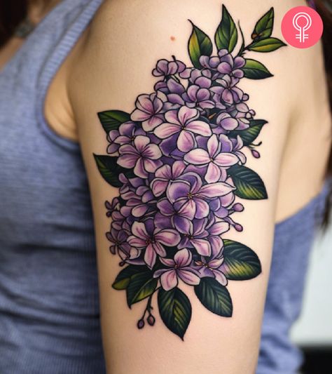 Irish Wildflowers Tattoo, Lilac Hand Tattoo, Lilac Sleeve Tattoo, Lilac Tattoo Color, Lilac And Lavender Tattoo, Lilac Arm Tattoo, Traditional Lilac Tattoo, Floral Tattoo Design Leg, Wildflowers Tattoos