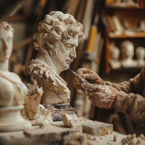 "Sculpting Classical Bust: An #artist meticulously carves details into a classical bust, showcasing the timeless #art of #sculpture. #marble #chisel #fineart #classicalart #artwork #sculpting #gallery ⬇️ Download and 📝 Prompt 👉 https://stockcake.com/i/sculpting-classical-bust_379387_591948" Male Sculptor Aesthetic, Face Sculpting Clay, Silas Sinclair, Sculptor Aesthetic, Sculpting Aesthetic, Apollo Cabin, Sculpture Marble, Green Scenery, Marble Bust