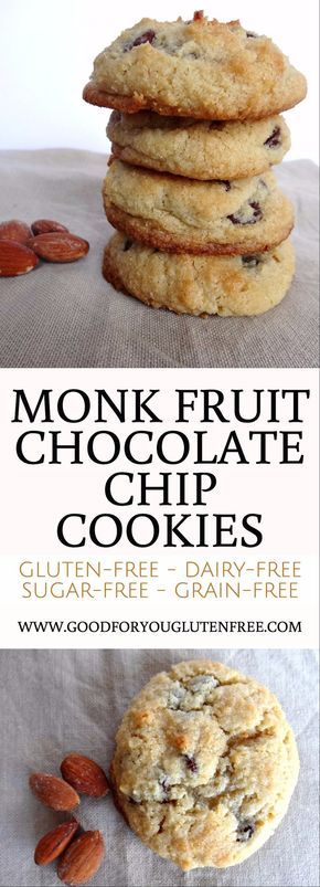 Monk Fruit Chocolate Chip Cookies - dairy-free, gluten-free, sugar-free and grain-free cookies made with almond flour - Good For You Gluten Free Monk Fruit Desserts, Monk Fruit Recipes, Cookies Made With Almond Flour, Cookies Sans Gluten, Grain Free Cookies, Monk Fruit Sweetener, Healthy Fruit Desserts, Fruit Chocolate, Dairy Free Cookies