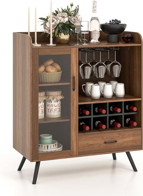 Sideboard With Wine Rack, Wooden Wine Cabinet, Bar Buffet Cabinet, Wine Storage Cabinets, Dining Sideboard, Farmhouse Coffee Bar, Wine Bar Cabinet, Wine Display, Kitchen Sideboard