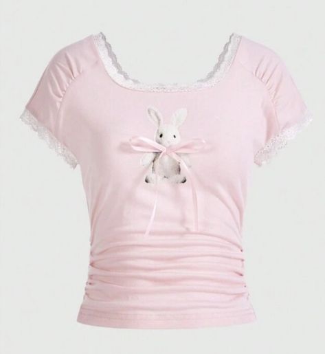 Kawaii Rabbit, Kawaii Shirts, Pastel Outfit, Rabbit Print, Animal Cartoon, Printed Ribbon, Pink T Shirt, Pink Tshirt, Kawaii Clothes