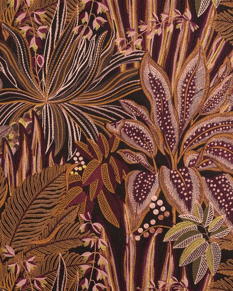 PART OF THETHE ROYAL MENAGERIE COLLECTION Returning to the Jungle Room in Elvis’s Graceland hideaway, motifs from the hand painted artworks have been singled out and adapted into an exquisite embroidery design, revealing a rich, tropical infused textile. Multiple stitching techniques have been employed, overlaying the plant and flower motifs to add complexity and beauty to this textile.The Jungle Room embroidery decorates a 100% linen base, providing a natural foundation for the embellishment.*I Room Embroidery, Safari Design, Jungle Illustration, Jungle Room, Natural Foundation, Flower Motifs, Stitching Techniques, Muscat, Hand Painted Artwork