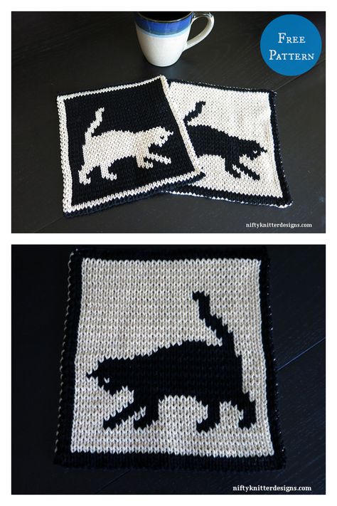 Cat Playtime Potholder Free Knitting Pattern Potholder Patterns Free, Cat Knitting, Double Knitting Patterns, Lace Ankle Socks, Knitting Help, Opposite Colors, Cat Scarf, Potholder Patterns, Knitted Cat