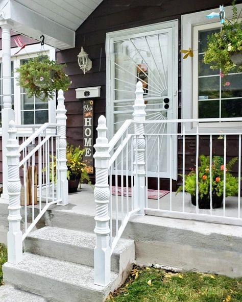 Wrought Iron Railings • Exterior Porch Railings — Iron Works•Fences•Iron Railings•Repairs White Metal Porch Railing, Rod Iron Porch Railing, Wrought Iron Railing Exterior, Outdoor Railing, Porch Railing Designs, Iron Fence Gate, Wrought Iron Railings, Wrought Iron Stair Railing, Brick Steps