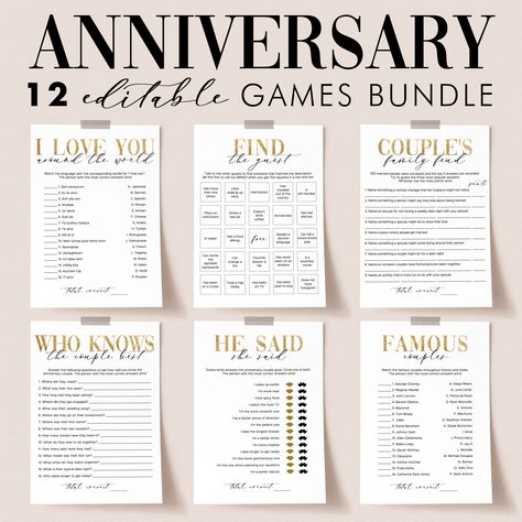 Anniversary Party Games Bundle Printable 25th 30 40 50th Wedding Anniversary Games Find the Guest Bingo Cards Famous Couples Family Feud MV1 Wedding Anniversary Games, Party Games For Groups, Games For Groups, Party Games Group, Find The Guest Bingo, Anniversary Party Games, Guest Bingo, Anniversary Games, Find The Guest