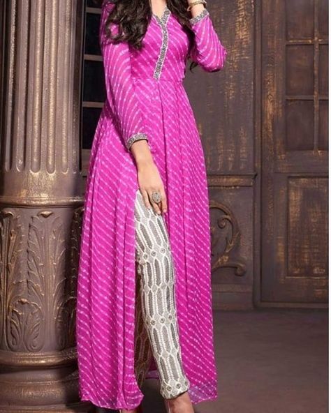 *New Launch Summer collection (Lahriya print Gown  style V neck:-Long Kurti )Carry on pant *Kurti with Pant* *Fabri Srinagar Kashmir, Stitched Kurti, Georgette Suit, Bandhani Dress, Anarkali Dress Pattern, Frock For Women, Cotton Kurti Designs, Printed Gowns, Sleeves Designs For Dresses