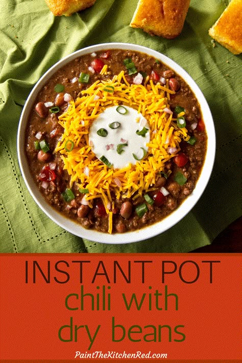 Instant Pot Chili, made using ground beef and dry beans, is the perfect comfort food for a fall or wintry evening.  It's also a great dish to feed a crowd, or for game day.  The addition of Masa Harina (corn meal) in this easy pressure cooker chili recipe thickens the chili and gives it a corn flavor.  Add your choice of toppings to take this chili over the top - it's the best recipe! #instantpot #chili #beans Chili Recipe Dry Beans, Chili Dry Beans, Dry Beans Instant Pot, Chili Recipe With Dry Beans, Chili With Dry Beans, Chili With Dried Beans, Instantpot Chili, Pressure Cooker Chili, Beans Instant Pot