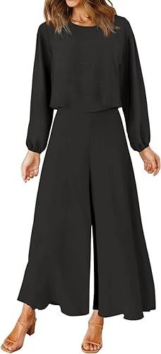 ROYLAMP Women's 2 Piece Outfits Long Sleeve Round Neck Crop Top Cropped Wide Leg Pants Set Jumpsuits Black XL at Amazon Women’s Clothing store Summer 2 Piece Outfits, Style Wide Leg Pants, Flattering Outfits, Cropped Pants Women, Cropped Wide Leg Pants, Jumpsuit Elegant, Jumpsuit Outfit, Early Fall Outfit, Womens Floral Dress