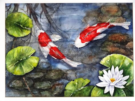 Watercolors - koi Carp Drawing, Koi Pond Painting, Water Lily Art, California Painting, Water Lilies Art, Ikan Air Tawar, Koi Painting, Koi Fish Drawing, Lily Art