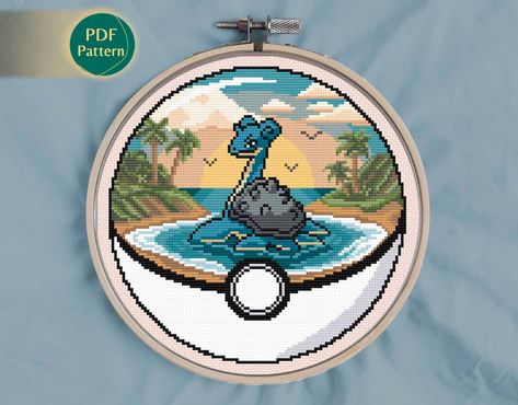 Pokeball terrarium Lapras Cross Stitch Pattern - Counted cross stitch - Lapras Cross Stitch Pattern - Pattern Keeper Compatible Dragon Ball Cross Stitch, Pokeball Terrarium, Landscape Tropical, Pokemon Cross Stitch Patterns, Pokemon Cross Stitch, Tropical Nature, Water Ice, Orange Sunset, Pixel Pattern