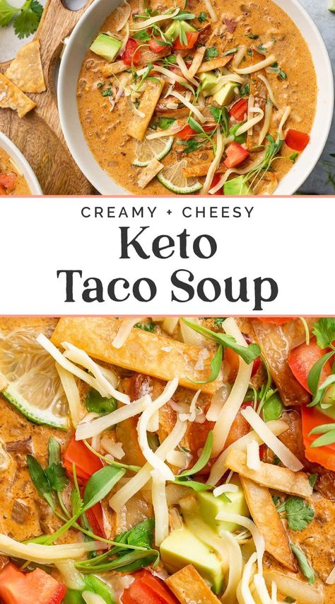 This ultra delicious keto taco soup is as easy as it is rich and flavorful! Super low in carbs but high in flavor, this Mexican soup is simple but filling and makes perfect leftovers. One of our very favorite keto recipes for sure! Low Carb Taco Soup Crock Pots, Keto Taco Soup Recipes, Keto Taco Soup Instant Pot, Keto Beef Taco Soup, Toco Soup Recipes Keto, Taco Soup For Diabetics, Taco Soup Recipe Keto, Low Carb Taco Soup Recipe, Healthy Keto Soup