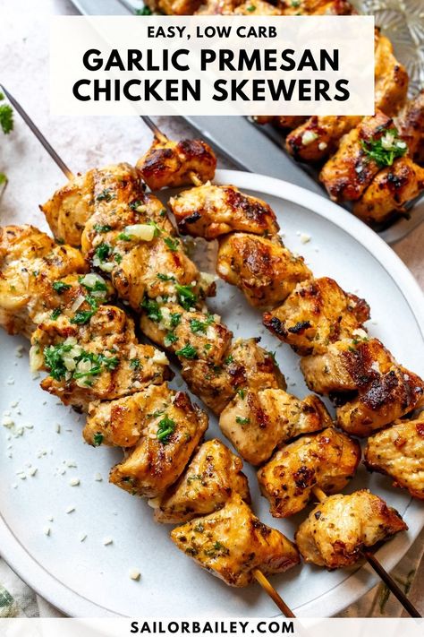 Garlic Chicken Kabobs On The Grill, Sailor Bailey Garlic Parmesan Chicken Skewers, Garlic Parmesan Chicken Skewers By 12 Tomatoes, Chicken And Steak Skewers, Garlic Park Chicken Scewers, Bbq Healthy Recipes, Air Fryer Chicken Skewers Easy, Summer Dinners On The Grill, Bbq Chicken Squers