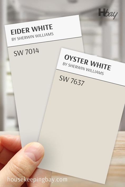 Eider White SW 7014 vs Oyster White SW 7637 Sw Oyster White Exterior, Oyster White Sherwin Williams, Sw Oyster White, Sherwin Williams Oyster White, Sherwin Williams Eider White, White Sherwin Williams, Eider White, Bee Kitchen, Paint Tips