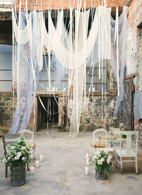 neutral hanging fabricshttp://greenweddingshoes.com/neutral-wedding-inspiration-in-a-glass-factory/ The Ceiling, Ceiling, Fabric, White