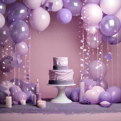 Celebrate in style with this charming purple-themed digital backdrop! Featuring a beautiful arrangement of balloons, candles, and a tiered cake, this high-quality digital background is perfect for birthdays, baby showers, or any special event. With soft lavender and pastel tones, this backdrop creates an elegant and festive atmosphere, making your photos truly stand out. Ideal for photographers, party planners, or content creators, it's the perfect addition for creating memorable party moments. Light Pink And Purple Party Decorations, Sweet 16 Pink And Purple Theme, Lavender Party Decor, Lavender Party Theme, Lavender Birthday Decorations, Purple Theme Birthday, Purple Themed Birthday Party, Purple Balloon Arch, Purple Baby Shower Theme