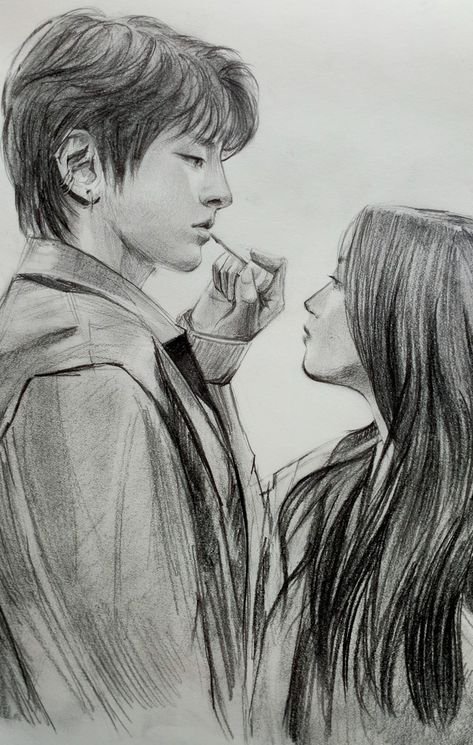 #kdrama #truebeaty #koreandrama #kdramalove #kpop #makeup Kdrama Drawing Pencil, Kdrama Sketches, Human Sketches, Shorts Hair, Kpop Makeup, Beauty Drawings, Couple Sketch, Color Drawing Art, Pencil Sketch Images