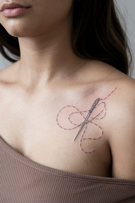 Thread and needle tattoo on the collarbone Collarbone Tattoo Design, Needle And Thread Tattoo, Collarbone Tattoos For Women, Tattoos Representing Family, Small Snowflake Tattoo, Small Key Tattoos, Thread Tattoo, Collarbone Tattoo Ideas, Collarbone Tattoos